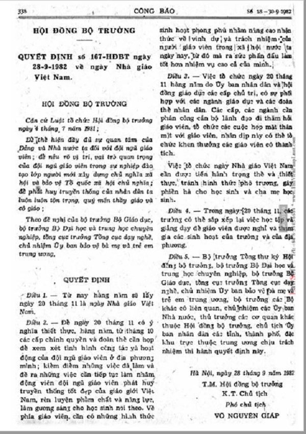 Quyết định số 167/HĐBT, ngày 26-9-1982 quyết định lấy ngày 20-11 hàng năm là Ngày Nhà giáo Việt Nam. Ảnh tư liệu