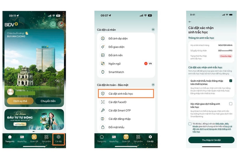 최신 BIDV SmartBanking 생체 인식 설정 안내