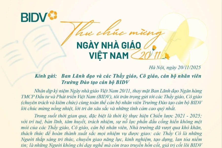 Congratulations letter on Vietnamese Teachers' Day November 20 from the Chairman of the Board of Directors BIDV
