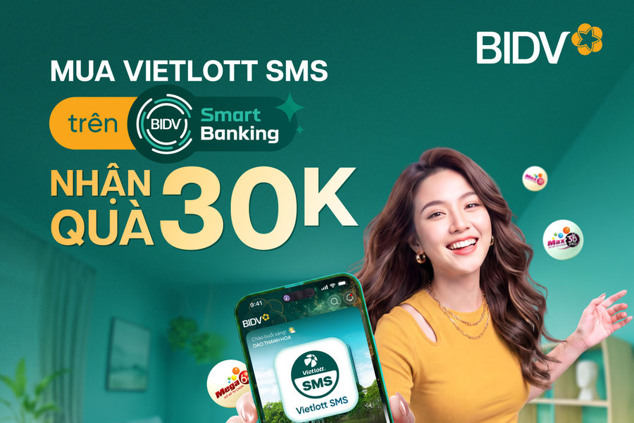 Buy Vietlott SMS tickets on BIDV SmartBanking and receive a 30,000-dong gift right away